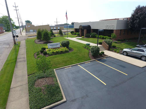 Overhead view of landscaping in front of an industrial property